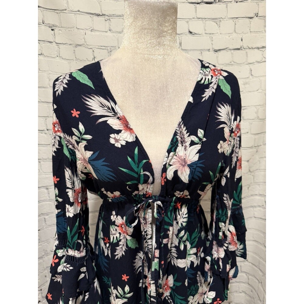 Blue Island Blue Floral Short Tie Front Rayon Ruffle Sleeve Wrap Dress Small - Picture 2 of 8